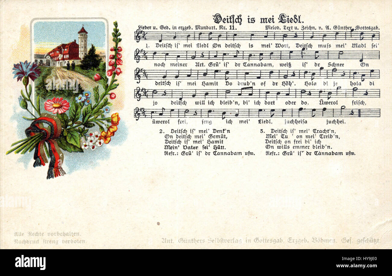 11 Deitsch is mei Liedl ist ein Liedtext aus dem Jahr 1917, der in Pennsylvania Dutch Dialekt geschrieben wurde. Das Lied spiegelt das kulturelle Erbe und die Traditionen der Pennsylvania Dutch Community wider und betont ihre einzigartige Sprache und Volksmusik. Stockfoto