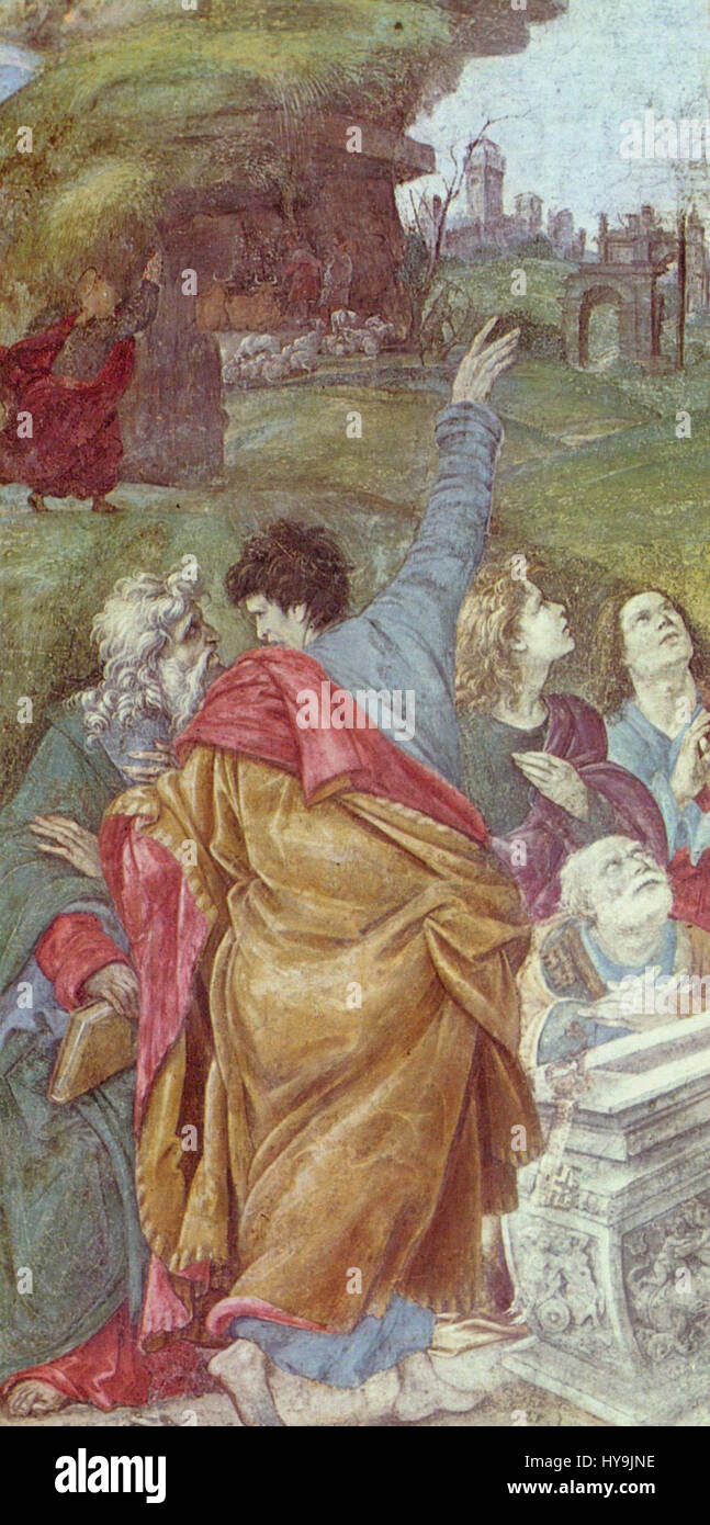 Filippino Lippis 0125 entstandenes Kunstwerk zeigt sein Talent, religiöse Themen mit dem Realismus der Renaissance zu verbinden. Lippis Werk ist bekannt für seine detaillierte Darstellung von Figuren und Perspektiven und spiegelt den tiefgreifenden religiösen Kontext dieser Zeit wider, mit präziser anatomischer Genauigkeit und einer harmonischen Komposition. Stockfoto