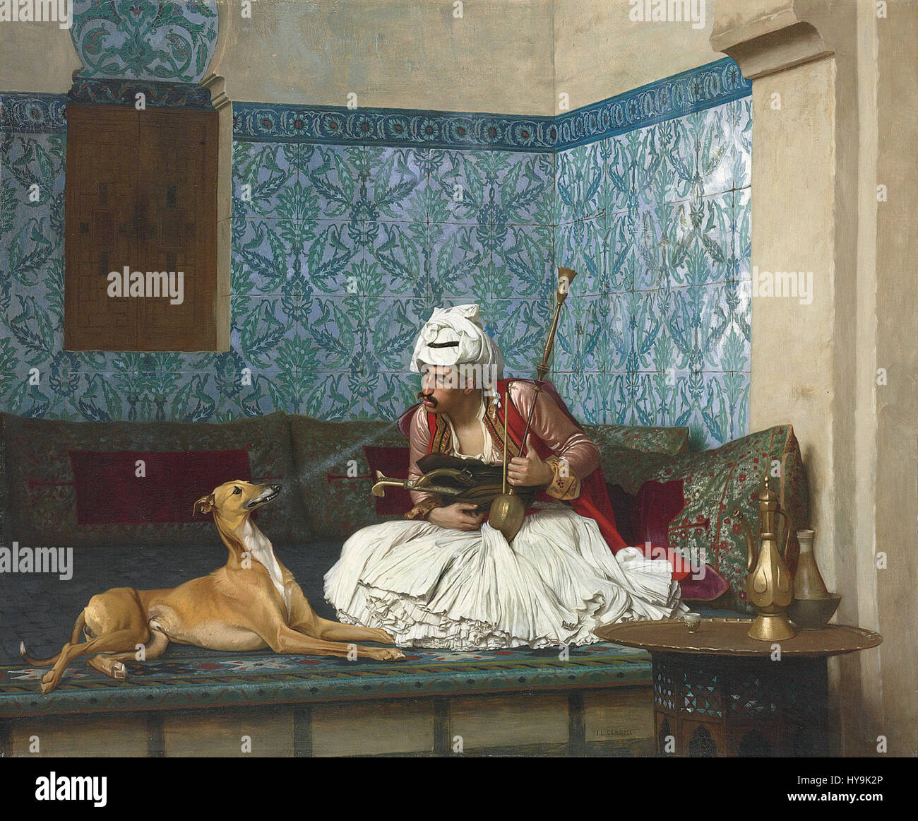 Jean-Léon Gérôme’ „Une Plaisanterie“ (1882) ist ein Gemälde, das eine humorvolle und lebendige Szene einfängt, wahrscheinlich in einem orientalistischen Kontext. Der Künstler ist bekannt für seine detaillierten und eindrucksvollen Darstellungen des Lebens im Nahen Osten. Stockfoto