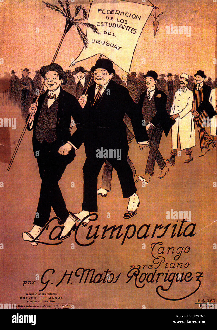 La Cumparsita ist eine berühmte Tangokomposition von Gerardo Matos Rodríguez. Diese weltweit bekannte Musical-Partitur verkörpert den Rhythmus und die Leidenschaft der Tangomusik und symbolisiert ein bedeutendes Stück lateinamerikanischer Kultur. Stockfoto