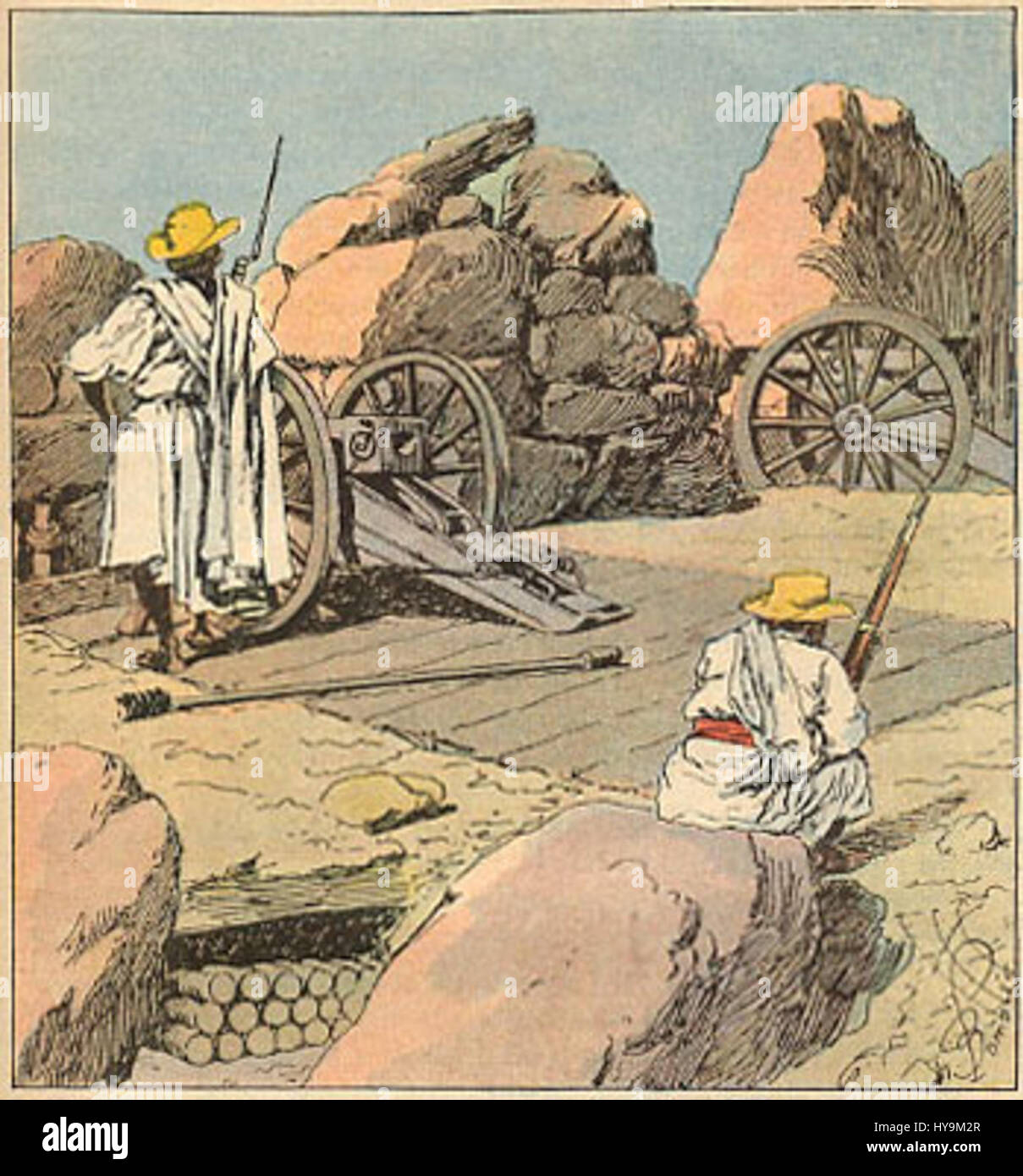 Diese historische Szene zeigt Merina Artillerieeinheiten, die während des Madagaskar-Feldzugs 1896 französische Truppen überfallen, die von den Künstlern Henri Gallichet und Louis Charles Bombled gefangen genommen wurden. Stockfoto