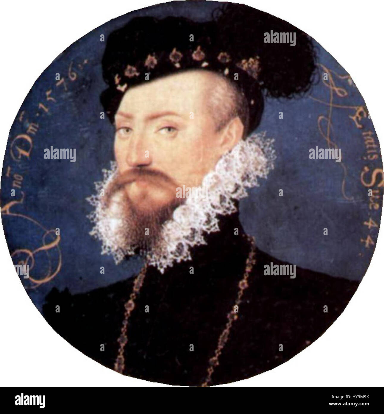 Nicholas Hilliard war ein bekannter englischer Miniaturist aus dem späten 16. Jahrhundert. Seine Werke waren durch präzise Detailtreue und delikate Darstellung seiner Untertanen gekennzeichnet, wobei er sich oft auf Porträts des englischen Königshofes konzentrierte. Hilliards Miniaturbilder werden für ihre Eleganz, ihr technisches Können und ihre Fähigkeit, die Persönlichkeit seiner Motive einzufangen, gefeiert. Stockfoto
