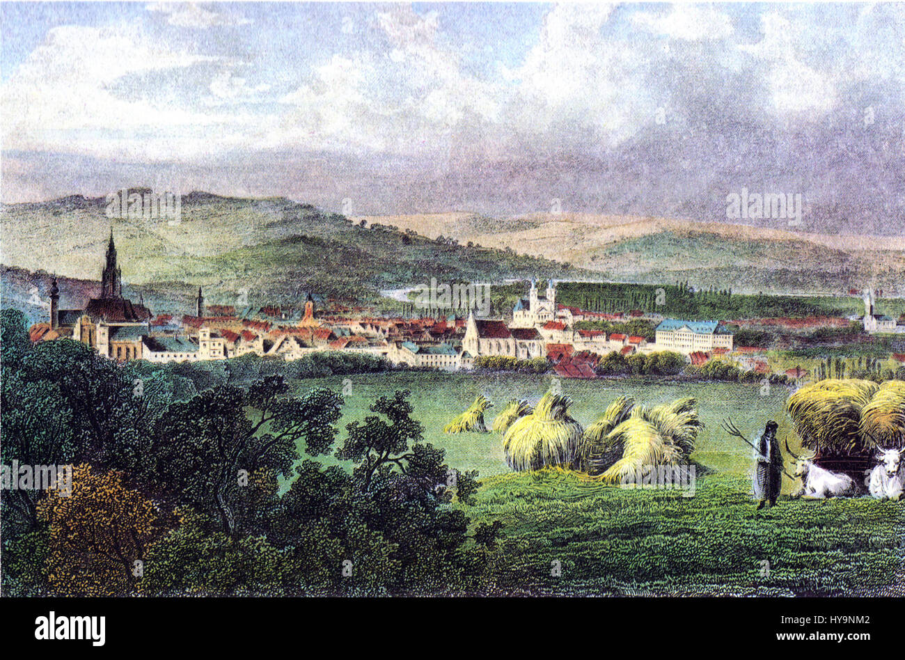 Dieses um 1840 entstandene Panoramabild von Cluj bietet einen weiten Blick auf die Architektur und das Stadtbild der Stadt. Das Foto fängt einen Moment in der Geschichte der Stadt ein und bietet einen Einblick in das Design und die Entwicklung von Cluj im 19. Jahrhundert. Stockfoto