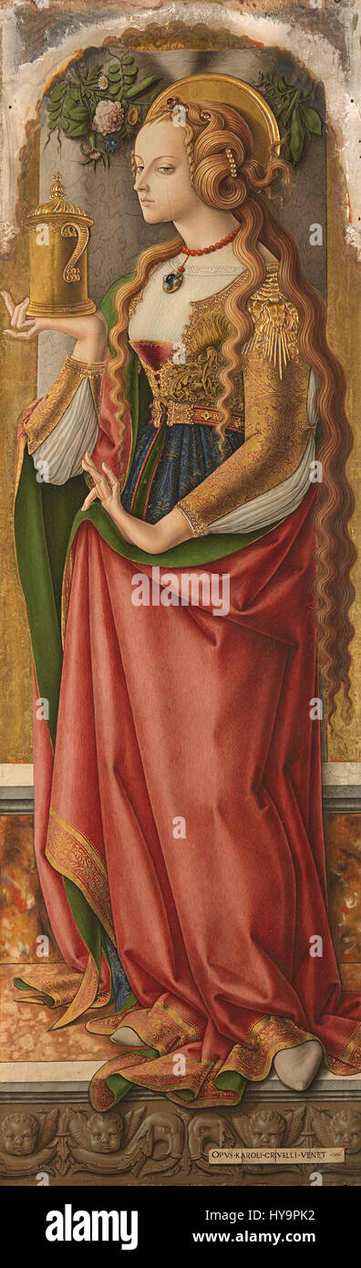 Carlo Crivelli war ein italienischer Renaissancemaler, der für seine sehr detaillierte, fast haptische Herangehensweise an religiöse und mythologische Themen bekannt war. Seine Werke weisen oft reiche Farben und komplexe Symboliken auf, die die Opulenz der Zeit widerspiegeln. Seine Meisterwerke zeichnen sich durch einen starken Sinn für Realismus aus, der religiösen Themen Tiefe verleiht und eine beeindruckende visuelle Wirkung erzeugt. Stockfoto