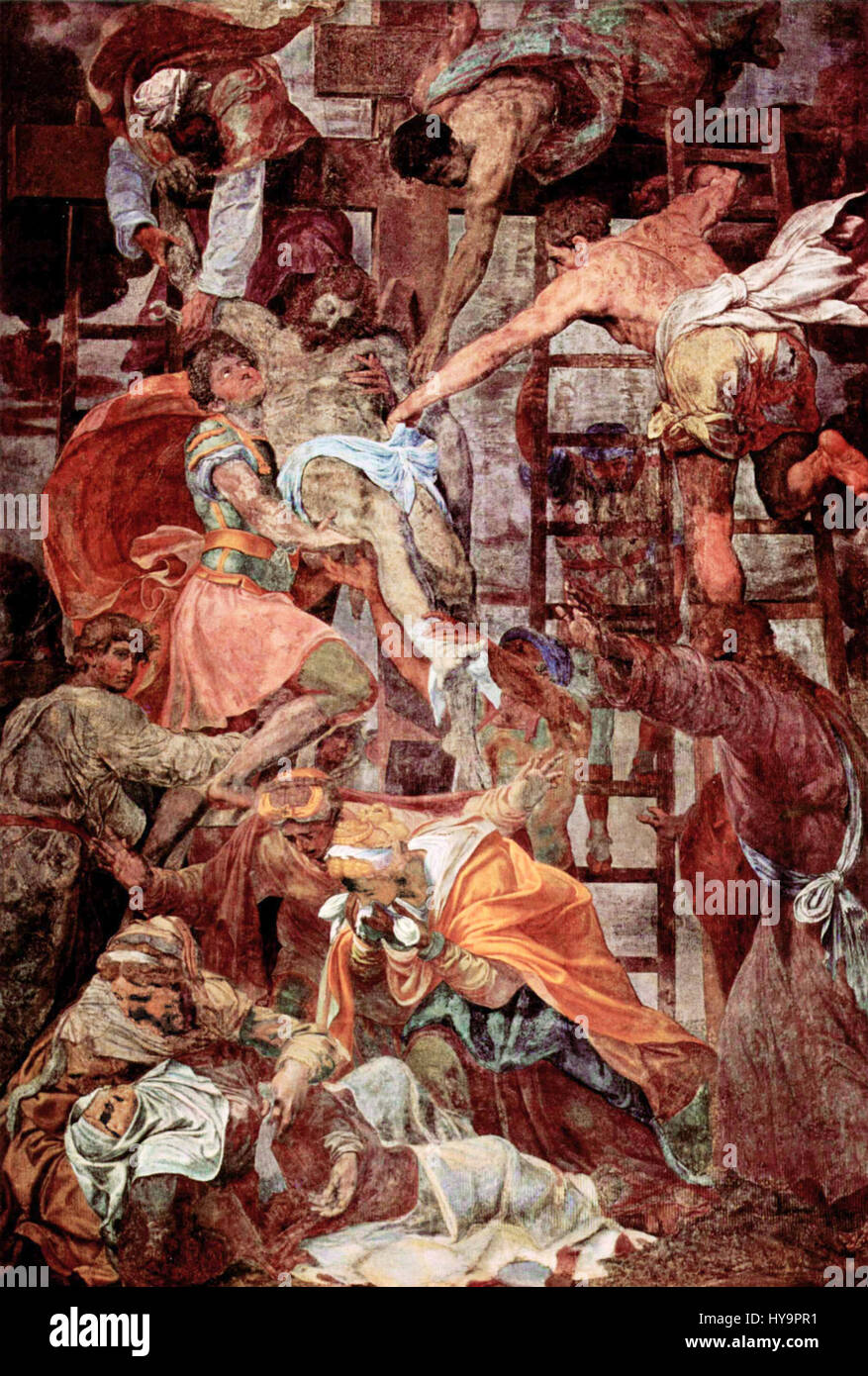 Daniele da Volterras Werk, möglicherweise ein Porträt oder eine religiöse Szene, zeigt seine Rolle in der römischen Hochrenaissance. Bekannt für seine Verbindung zu Michelangelo, integriert sein Stil Realismus der Renaissance und sakrale Bilder. Stockfoto