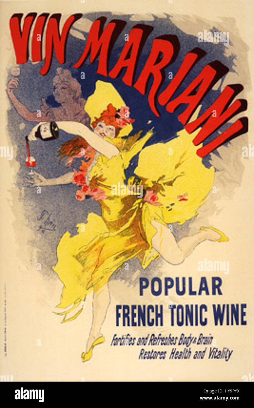 „Vin Mariani“ von Jules Cheret ist eine ikonische französische Lithografie aus dem späten 19. Jahrhundert, die einen medizinischen Wein propagiert. Cherets Design verwendet kräftige Farben und fließende Linien, die die Lebendigkeit und Energie seines Stils einfangen, während sie das Produkt effektiv bewerben. Stockfoto