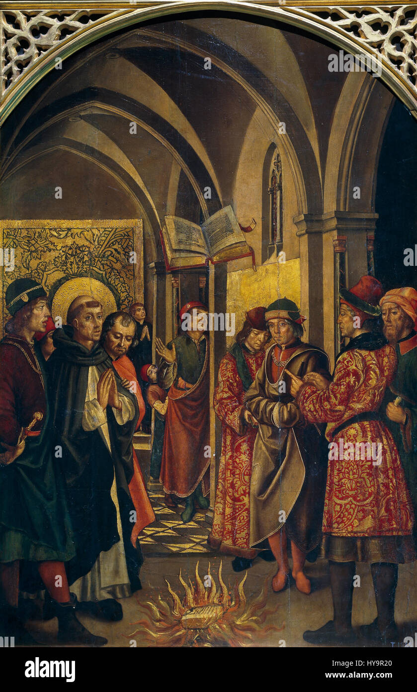 Pedro Berruguete war ein spanischer Renaissance-Maler, der für seine religiösen und allegorischen Werke bekannt war. Sein Stück „001“ veranschaulicht seine Beherrschung des spanischen Renaissance-Stils mit Liebe zum Detail und Verwendung lebendiger Farben. Stockfoto
