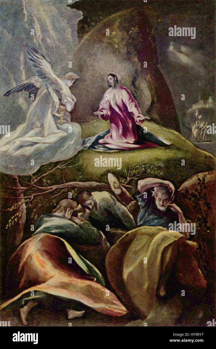 Dieses Kunstwerk von El Greco zeigt die unverkennbare Verwendung von langen Figuren, lebendigen Farben und dramatischem Licht. El Greco ist bekannt für seinen manieristischen Stil und verbindet byzantinische Einflüsse mit Renaissance-Techniken, was ihn zu einer prominenten Figur in der spanischen Kunstgeschichte macht. Stockfoto