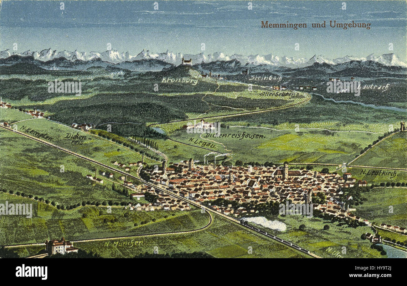 *Felle Memmingen und Umgebung* ist eine historische Karte, die die Region um Memmingen, eine süddeutsche Stadt, darstellt. Die Karte spiegelt die Topographie und Siedlungen der Frühen Neuzeit wider. Stockfoto