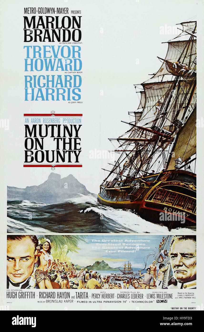 Das Poster für den Film „Mutiny on the Bounty“ spiegelt die dramatische Spannung und historische Bedeutung der Geschichte wider. Das Design fängt das Wesen des Marineaufstands aus dem 18. Jahrhundert ein und zeigt Schlüsselfiguren und den abenteuerlichen Geist der Geschichte. Stockfoto