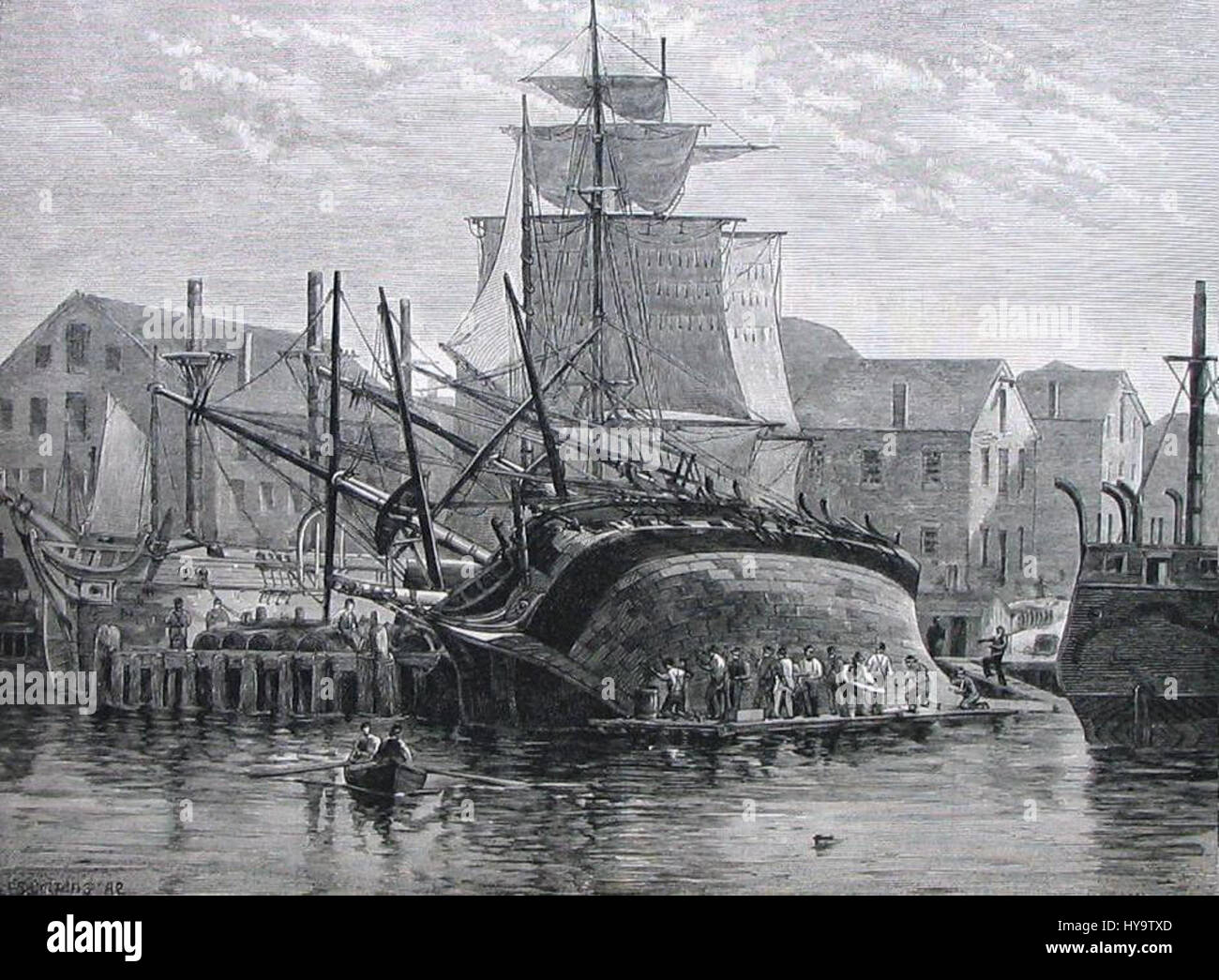 „An Old Whaler Hove Down for Repair, near New Bedford“ zeigt ein Walfangschiff, das in New Bedford, einem Zentrum der amerikanischen Walfangindustrie, repariert wird. Das Gemälde fängt die maritime Kultur des 19. Jahrhunderts und die wichtige Rolle des Walfangs in der amerikanischen Geschichte ein. Stockfoto