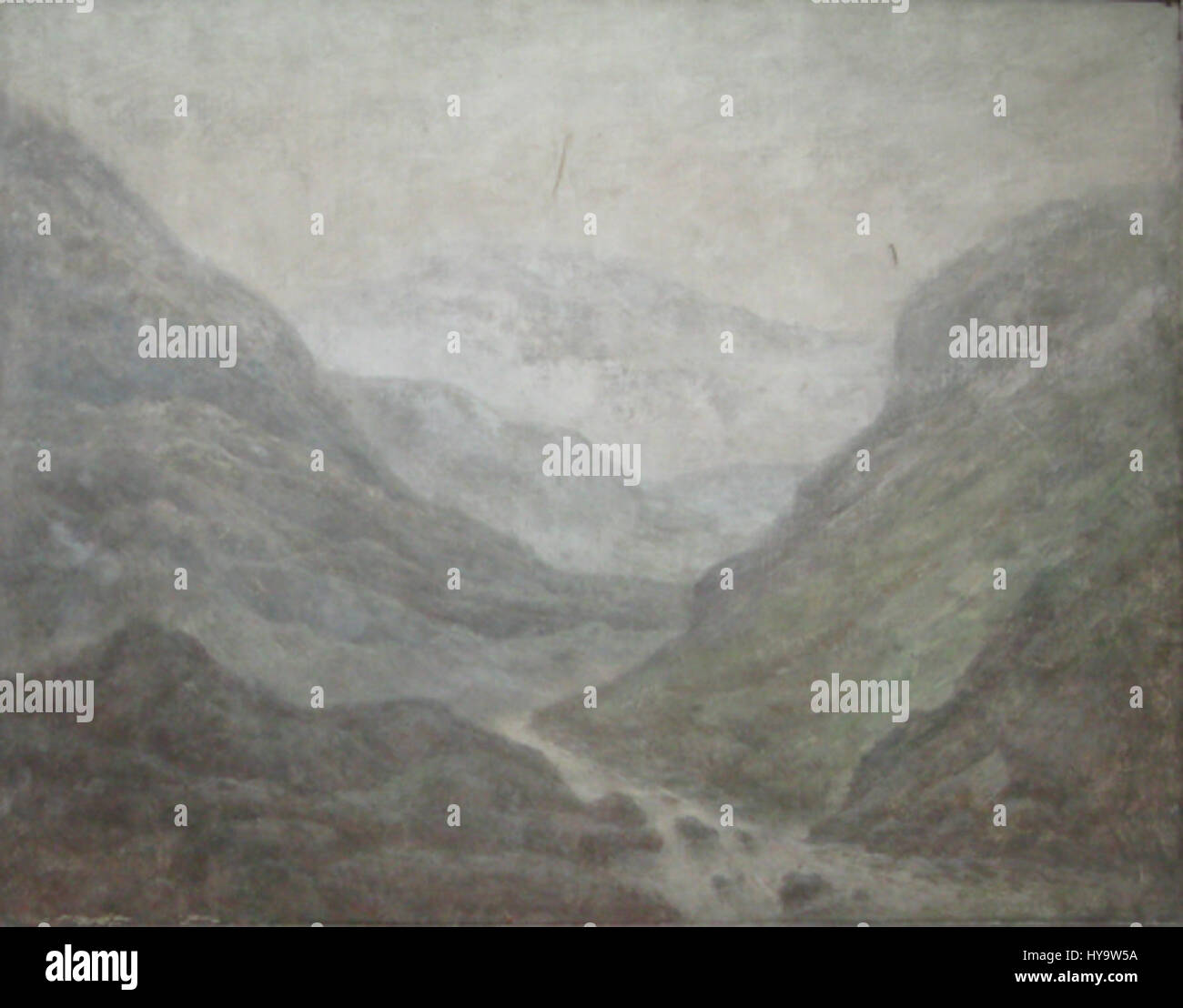 Constantin Aricescus „Vale intre munti“ (Tal zwischen den Bergen) fängt die ruhige Schönheit der rumänischen Landschaft ein. Das Gemälde zeigt ein ruhiges Tal, umgeben von hohen Bergen, das die natürliche Landschaft und die Beziehung zwischen Land und seinen Bewohnern zeigt. Aricescus Werk ist bekannt für seine romantische Herangehensweise an ländliche Landschaften und seine Betonung auf natürliche Schönheit. Stockfoto