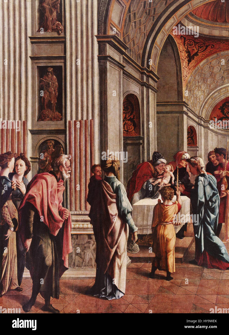 Jan van Scorel war ein niederländischer Renaissancemaler, der für seine Porträts und religiösen Motive bekannt war. Sein Stil kombinierte nordeuropäischen Realismus mit italienischem Renaissance-Einfluss und schuf detailgetreue, lebensechte Figuren und Kompositionen. Dieses Werk ist ein Beispiel für seinen geschickten Umgang mit Porträts und religiöser Ikonographie. Stockfoto