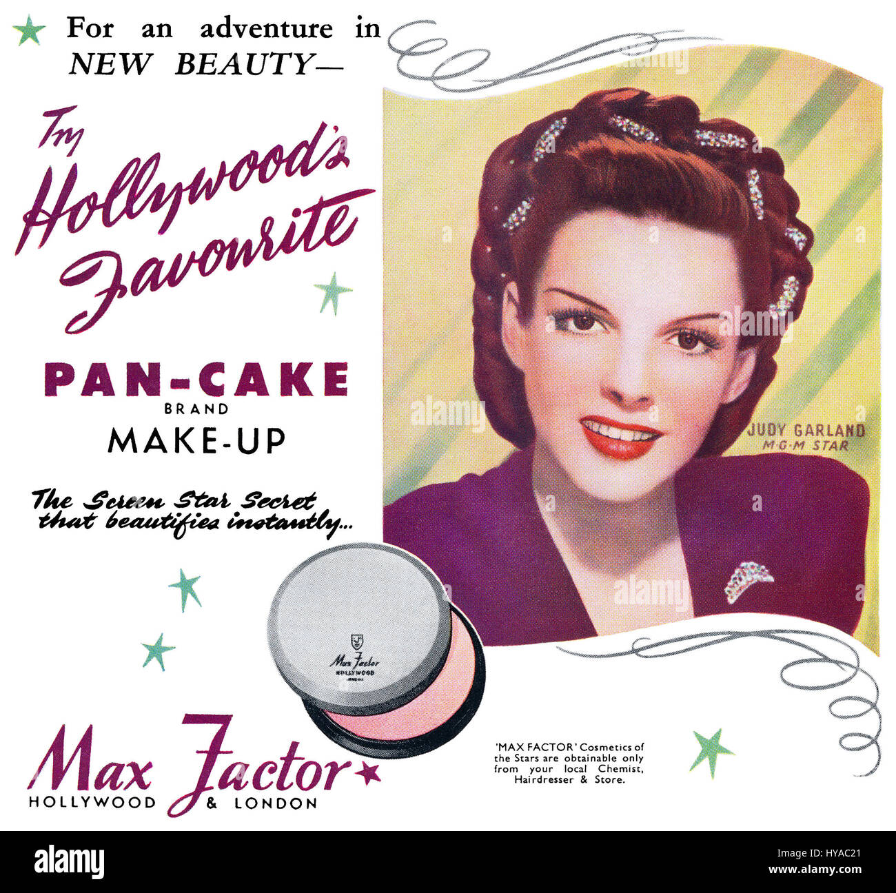 1946 britische Werbung für Max Factor Pan-Cake Make-Up, mit  Hollywood-Schauspielerin Judy Garland Stockfotografie - Alamy