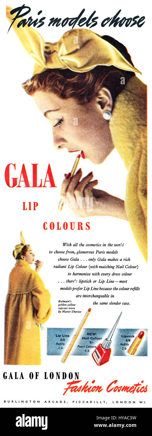 1952 britischer Werbung für Gala Kosmetik. Stockfoto