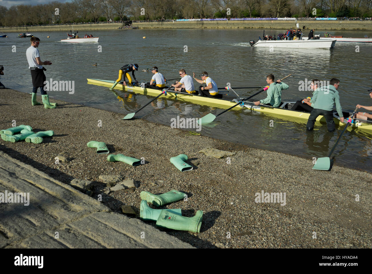Cambridge-Team einsteigen in ihre Boote für den Start von der 2017 Oxford gegen Cambridge Themse Boat Race Stockfoto