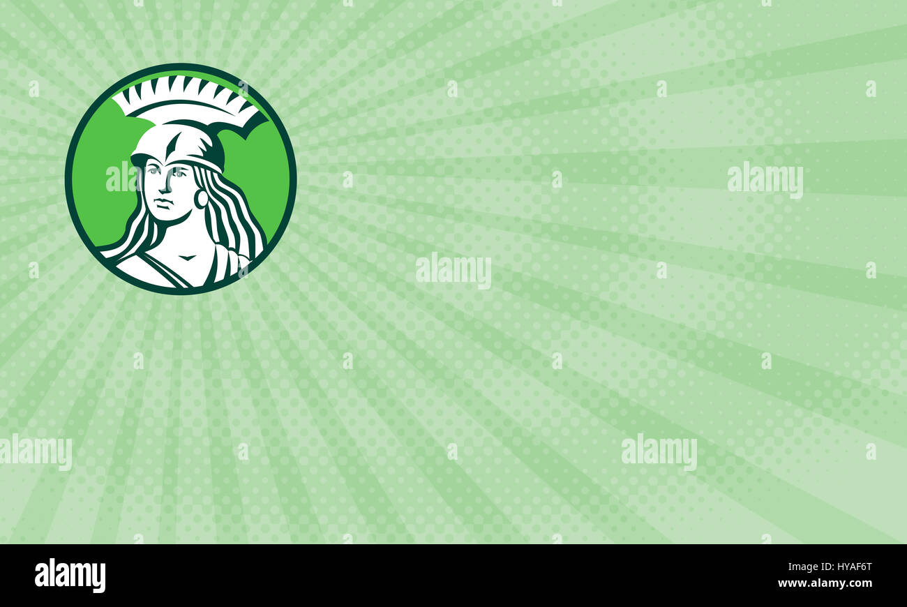 Visitenkarte zeigt Abbildung einer Büste des weiblichen Krieger mit spartan Helm suchen auf Seite im inneren Kreis im retro-Stil gemacht. Stockfoto