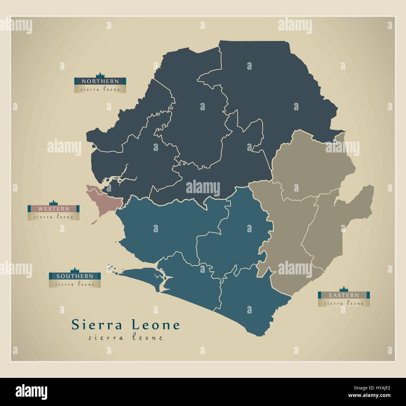 Moderne Karte - Sierra Leone Provinzen und Distrikte detailliert SL Stock Vektor