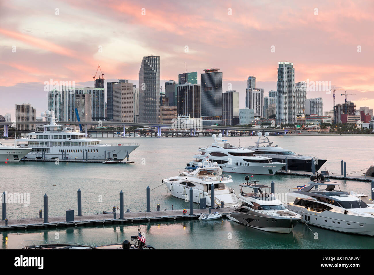 Skyline von Miami downtown in der Abenddämmerung. Florida, United States Stockfoto