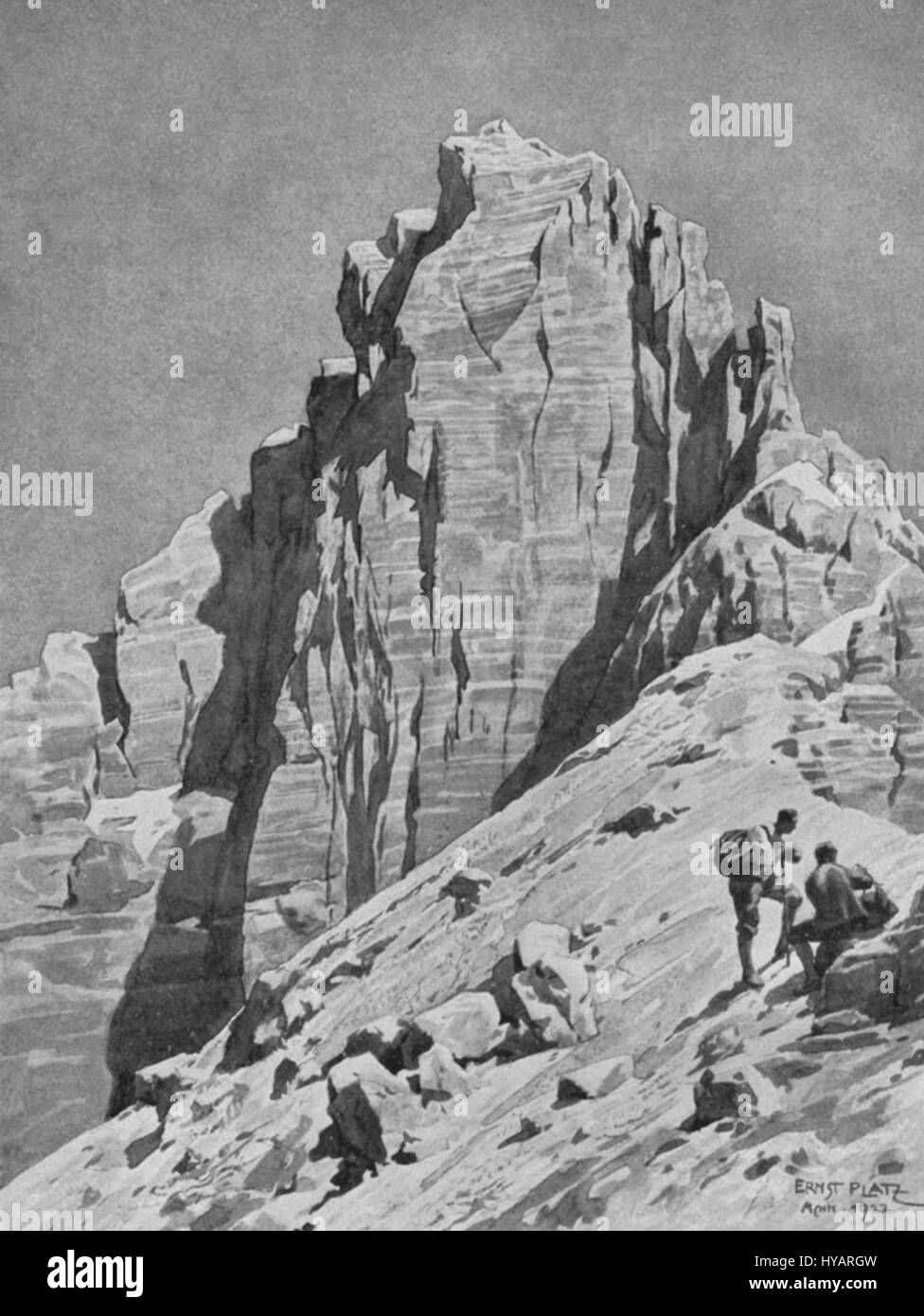 Pflerscher Tribulaun von Ernst Platz zeigt die alpine Berglandschaft der Tribulaun-Gipfel in den Alpen. Das Gemälde fängt die raue Schönheit und natürliche Pracht der Region ein und betont das dramatische Zusammenspiel zwischen felsigem Gelände und Himmel. Stockfoto