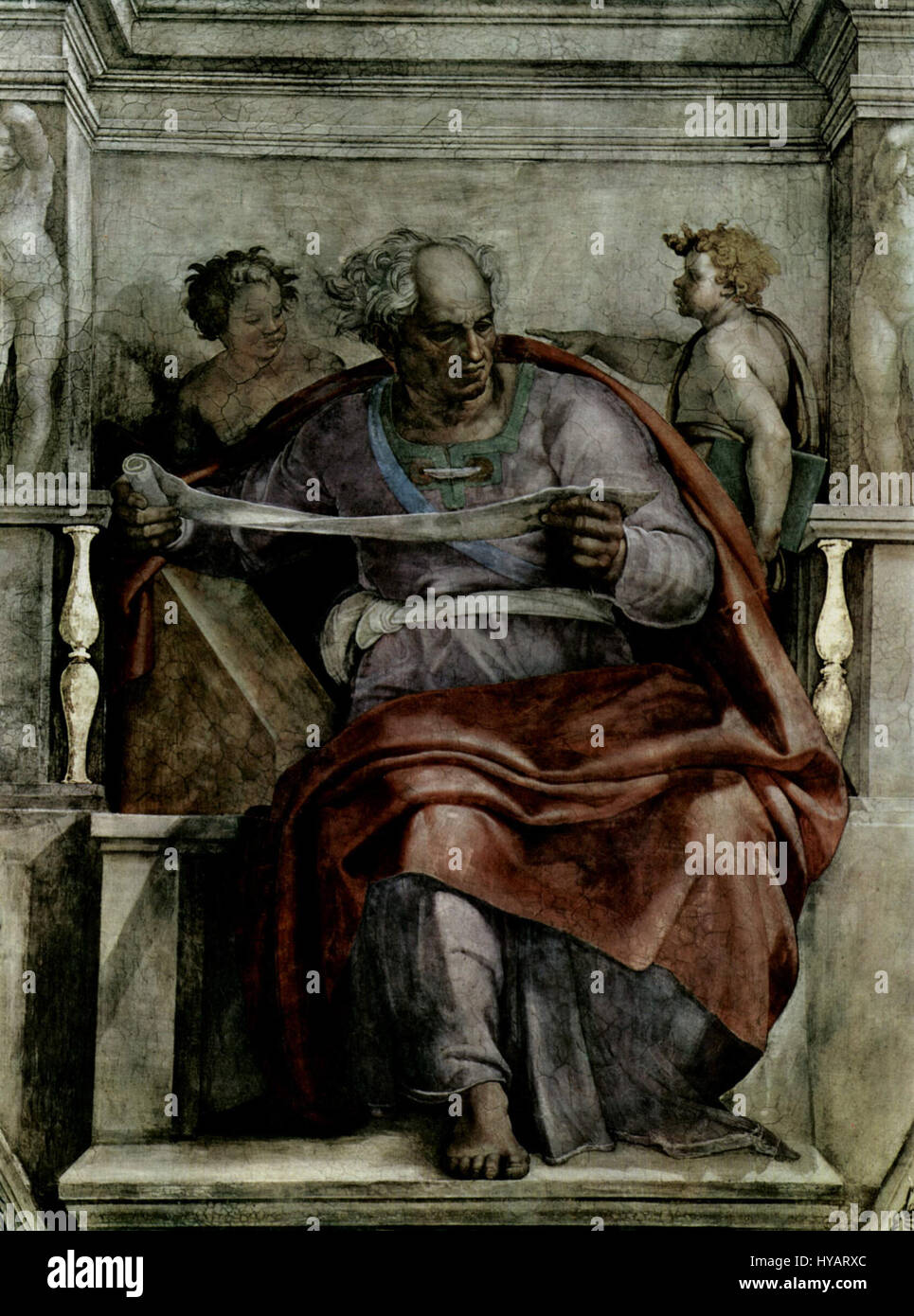 Dieser Bezug auf Michelangelo Buonarroti könnte sich auf eine seiner zahlreichen Skulpturen oder Fresken beziehen. Michelangelo, bekannt für seine Meisterschaft in der Renaissance-Kunst, schuf ikonische Werke wie die Decke der Sixtinischen Kapelle und „David“. Stockfoto