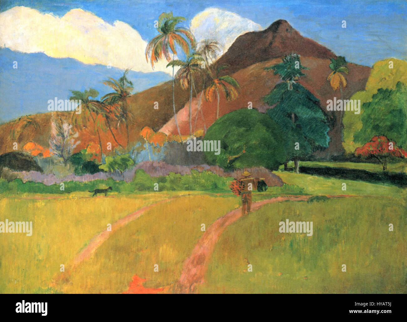 Dieses Werk von Paul Gauguin, einem der führenden Post-Impressionisten, zeigt seinen einzigartigen Ansatz in Farbe und Form und lässt sich von Tahiti’s Landschaften und indigener Kultur inspirieren. Stockfoto