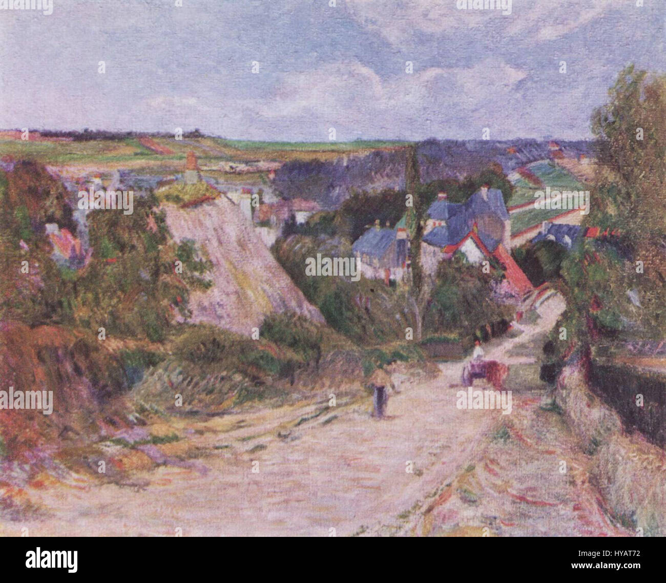 Paul Gauguins Werk „048“ stellt wahrscheinlich eine lebhafte Auseinandersetzung mit seinem post-impressionistischen Stil dar und zeigt Szenen exotischer Landschaften oder menschlicher Figuren in lebendigen Farben und mit ausdrucksstarken Pinselstrichen. Stockfoto