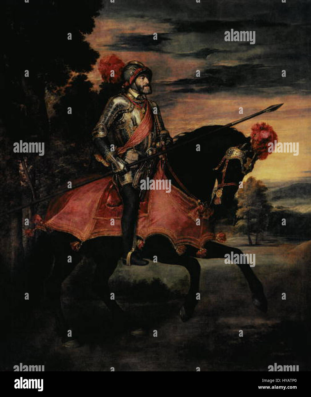 Dieses Werk des venezianischen Meisters Tizian (Tizian) zeigt seine außergewöhnliche Kunst in Porträtmalerei und Farbgebung. Titian war eine führende Figur der italienischen Renaissance, bekannt für seine Meisterschaft in der Ölmalerei und seine lebhafte Verwendung von Licht und Schatten. Stockfoto