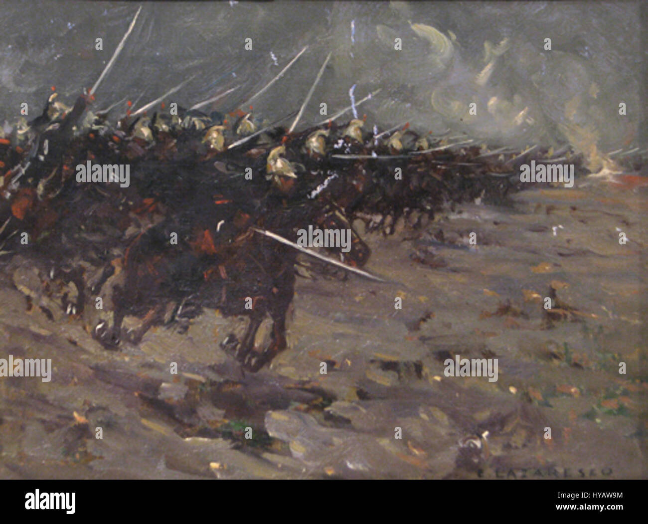 Emilian Lazarescus „Sarja de cavalerie“ zeigt einen Kavallerie-Angriff, der dynamische Bewegungen und die Intensität des militärischen Kampfes zeigt, eine Signatur von Lazarescus Stil. Stockfoto