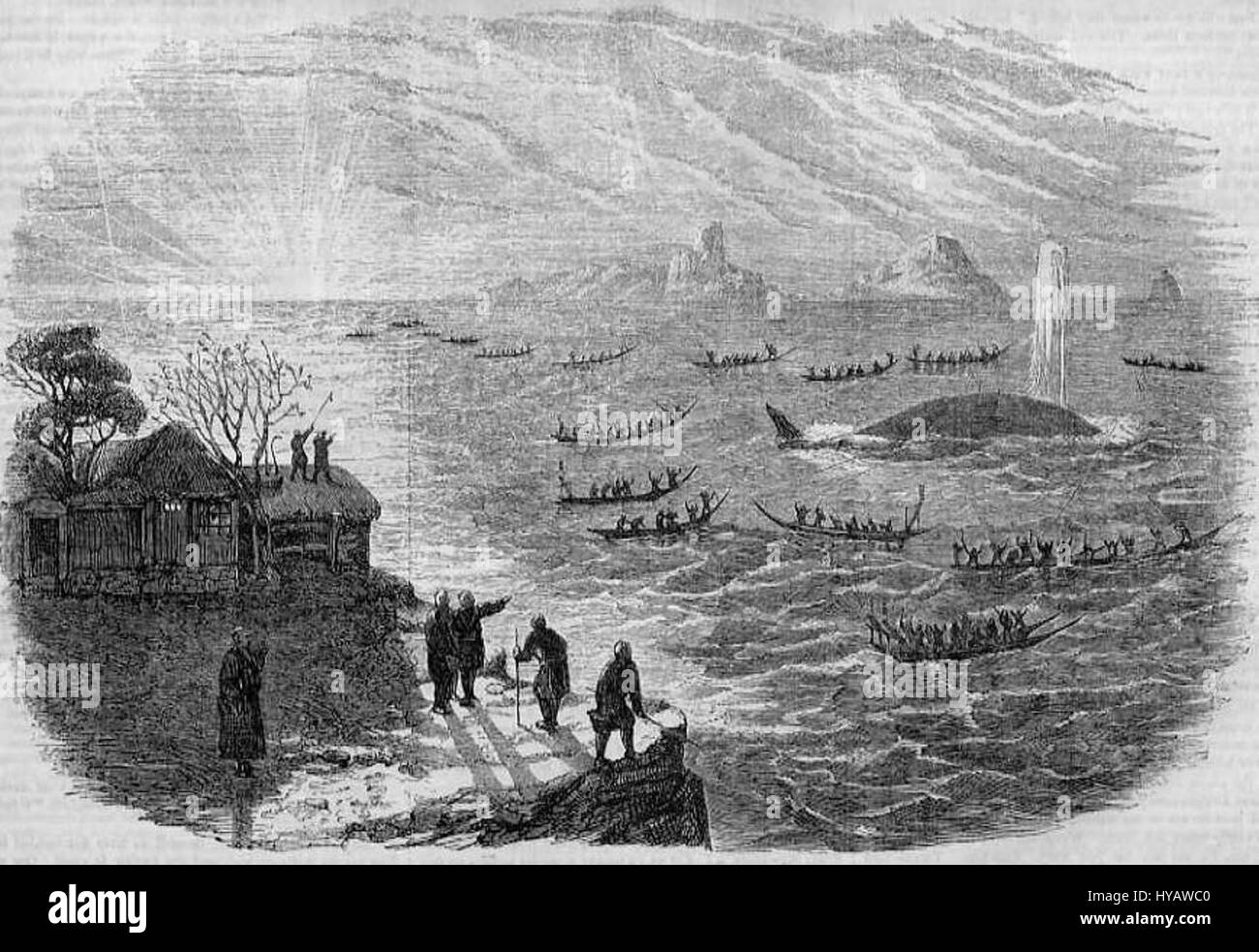 Eine Darstellung einer Walfangszene entlang der japanischen Küste, die die traditionelle Praxis des Walfangs in der japanischen Kultur veranschaulicht. Stockfoto