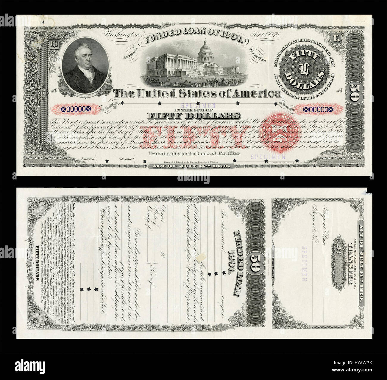 Das von den USA finanzierte Darlehen von 1891 war Teil einer Initiative zur Stabilisierung der Wirtschaft des Landes. Diese Staatsanleihe bot den Anlegern einen Nennwert von 50 US-Dollar, was eine bedeutende Finanzstrategie in diesem Zeitraum darstellt. Stockfoto