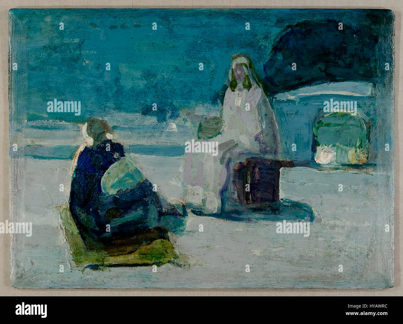 „Study for Jesus and Nikodemus“ von Henry Ossawa Tanner beschreibt die intime biblische Begegnung zwischen Jesus und Nikodemus. Tanners meisterhafter Einsatz von Licht und Schatten fängt den Moment der Unterhaltung ein und betont die spirituelle und persönliche Natur ihrer Interaktion. Stockfoto