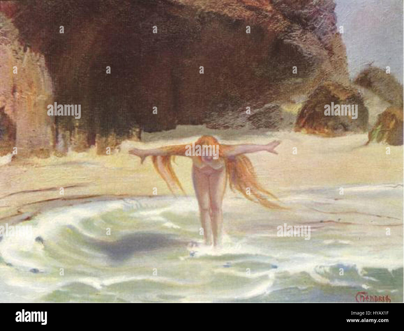 Hermann Hendrichs „die Meerfrau“ ist ein symbolistisches Gemälde, das eine geheimnisvolle Meerjungfrau darstellt. Die Arbeit betont die Fließfähigkeit, die mystische Qualität des Wassers und den mythischen Reiz der Meeresbewohner. Stockfoto