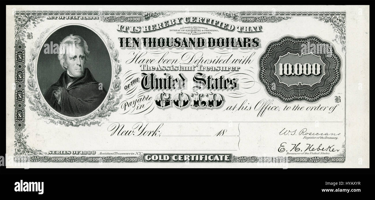 Der US $ 10.000 GC 1888 FR 1224a (Proof) bezieht sich auf eine seltene und wertvolle US-Währungsnote, einen Beweis für den 1888 ausgegebenen $ 10.000-Schein. Diese Notiz wird von Sammlern wegen ihrer Seltenheit und historischen Bedeutung geschätzt. Stockfoto
