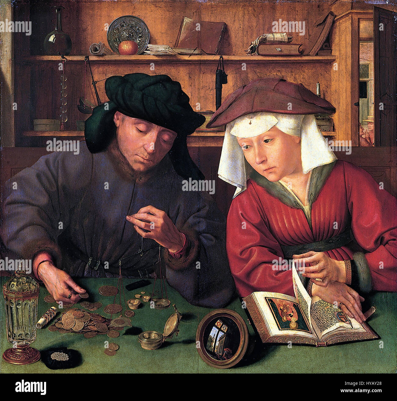 Quentin Massys (1466–1530) war ein flämischer Renaissancemaler, der für seine detaillierten und ausdrucksstarken Porträts bekannt war. Er kombinierte oft religiöse Themen mit realistischen Darstellungen des zeitgenössischen Lebens und trug zur Entwicklung des flämischen Realismus bei. Stockfoto