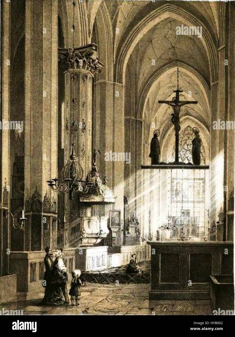 Das Innere der Marienkirche in Danzig (Gdańsk), Polen, zeigt atemberaubende gotische Architektur. Die Kirche ist bekannt für ihre große Größe und ihre komplizierten Details und ist eine der größten Backsteinkirchen der Welt mit einer reichen Geschichte und atemberaubenden Kunstwerken im Inneren. Stockfoto