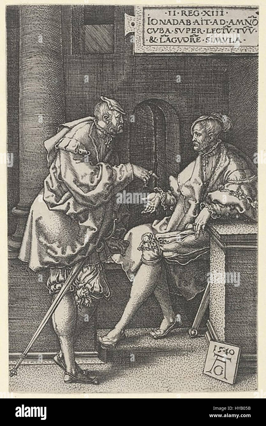 „Amnon und Jonadab“ von Hans Alentfver beschreibt die biblische Geschichte von Amnons Täuschung durch Jonadab. Das Kunstwerk ist ein gutes Beispiel für den Stil der nördlichen Renaissance, mit komplexen Details und emotionaler Tiefe. Stockfoto