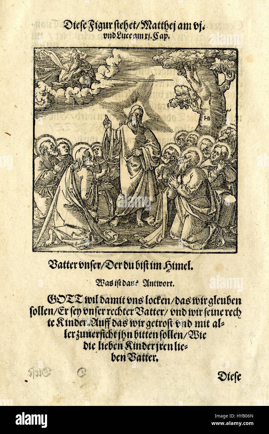 Dieser Holzschnitt von Luther Brosamer aus dem Jahr 1550 veranschaulicht den Katechismus „Vater Unser“. Das Stück visualisiert das Gebet des Herrn und verbindet religiöse Ikonographie mit mittelalterlichen christlichen Themen. Brosamers detailgetreue Gravur bietet einen historischen Einblick in die religiöse Kunst des 16. Jahrhunderts. Stockfoto Dieser Holzschnitt von Luther Brosamer aus dem Jahr 1550 veranschaulicht den Katechismus „Vater Unser“. Das Stück visualisiert das Gebet des Herrn und verbindet religiöse Ikonographie mit mittelalterlichen christlichen Themen. Brosamers detailgetreue Gravur bietet einen historischen Einblick in die religiöse Kunst des 16. Jahrhunderts. Stockfoto