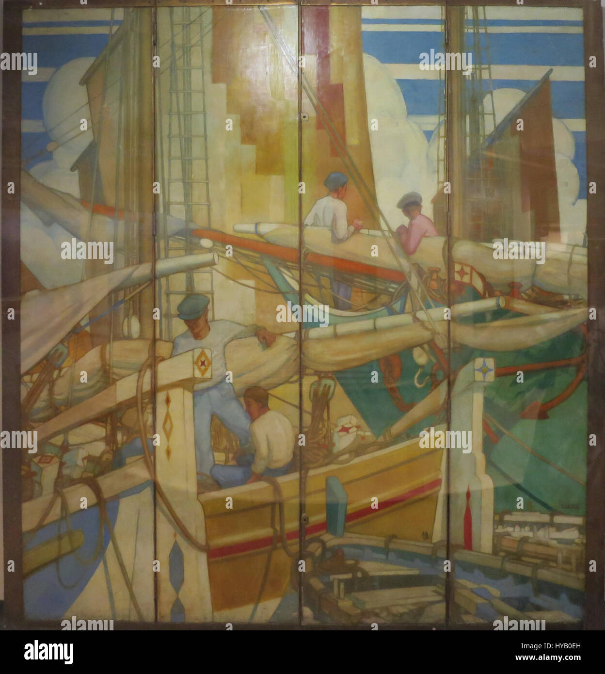 "Mediterranen Hafen Szene', Paravent von Kenneth Shoesmith, Queen Mary, first class Salon Stockfoto