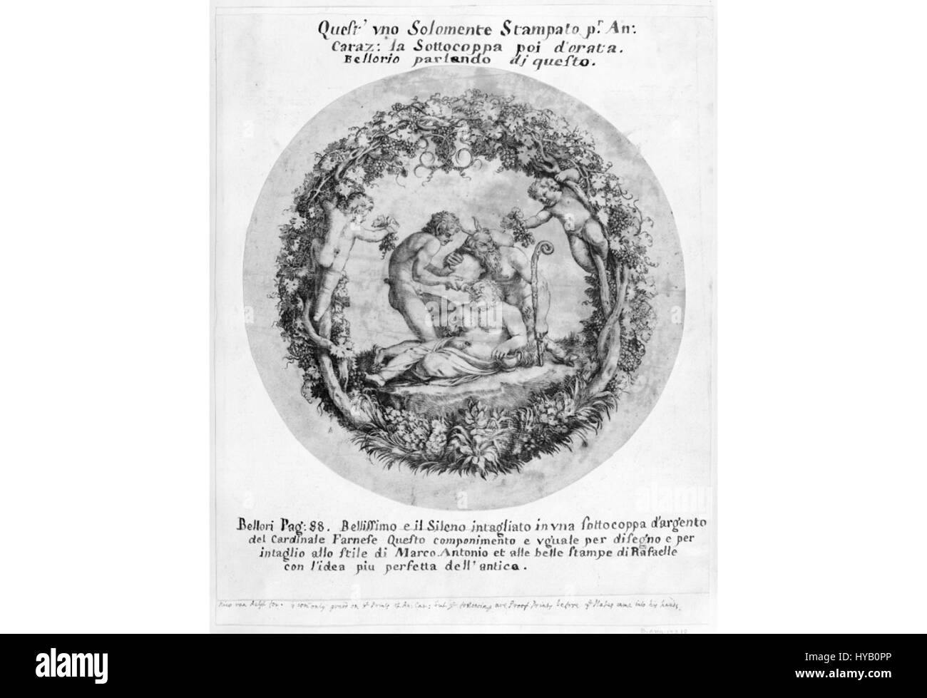 „SILENO Tazza Farnese“ ist ein berühmtes Gemälde von Annibale Carracci, das den Gott Silenus in einer dynamischen Szene der Offenbarung darstellt. Das Werk ist Teil der Farnese-Sammlung und veranschaulicht Carraccis Meisterschaft in der Mischung klassischer Themen mit barockem Stil und zeigt Bewegung und Emotionen in seinen Kompositionen. Stockfoto