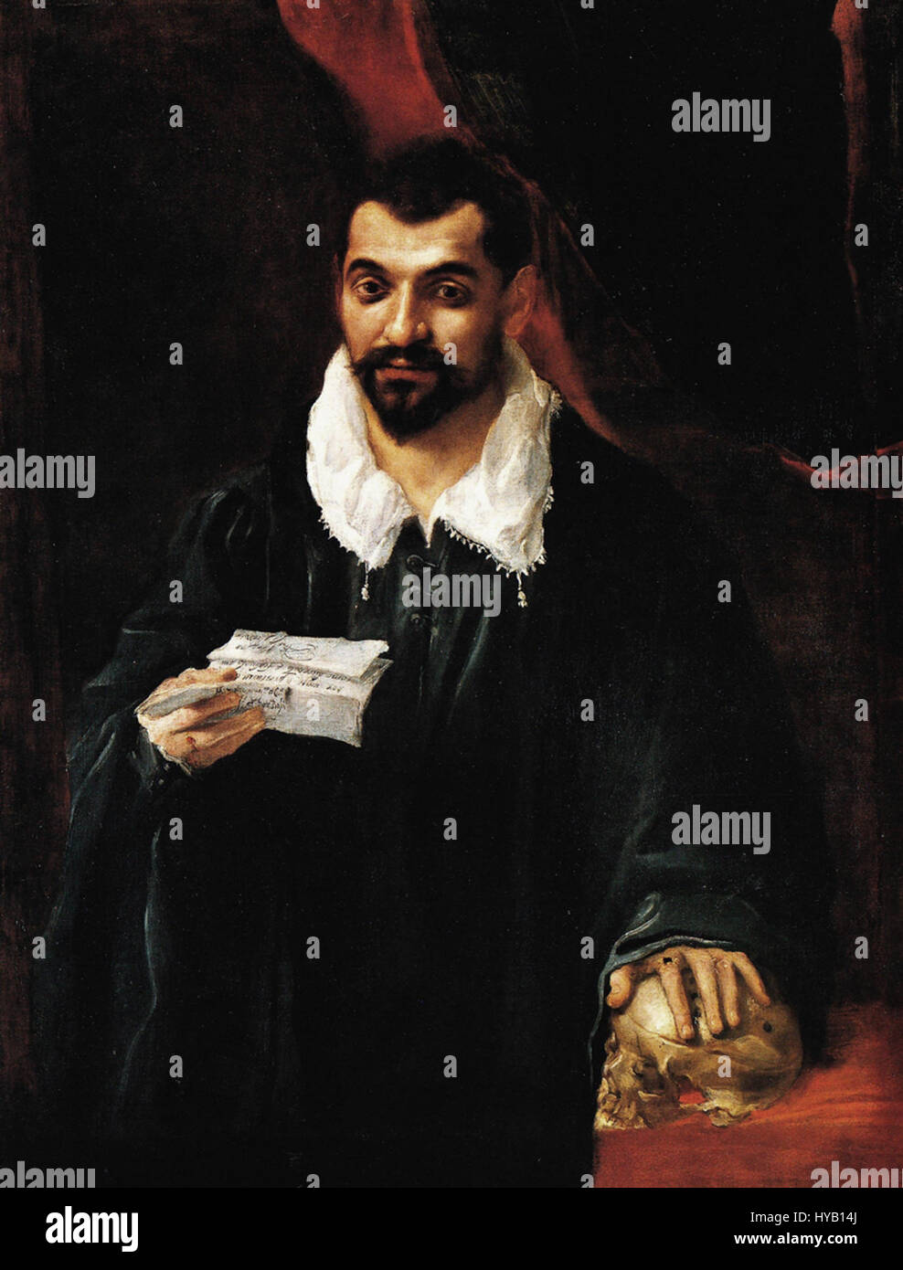 Ein Porträt von Annibale Carracci, das den Doktor Bossi darstellt. Carraccis Arbeit fängt das Thema mit Realismus und Liebe zum Detail ein und zeigt sein Können in der Wiedergabe lebensechter Ausdrücke und präziser Porträts. Stockfoto