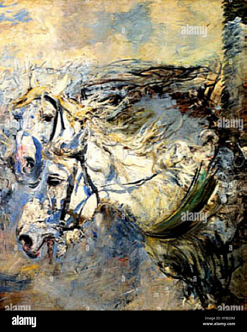 „Two White Horses“ von Giovanni Boldini ist ein dynamisches Gemälde, das zwei weiße Pferde in Bewegung zeigt. Das Kunstwerk ist charakteristisch für Boldinis energetische Pinselarbeit und seine Fähigkeit, Bewegungen und Emotionen in Porträts und Tierszenen einzufangen. Stockfoto