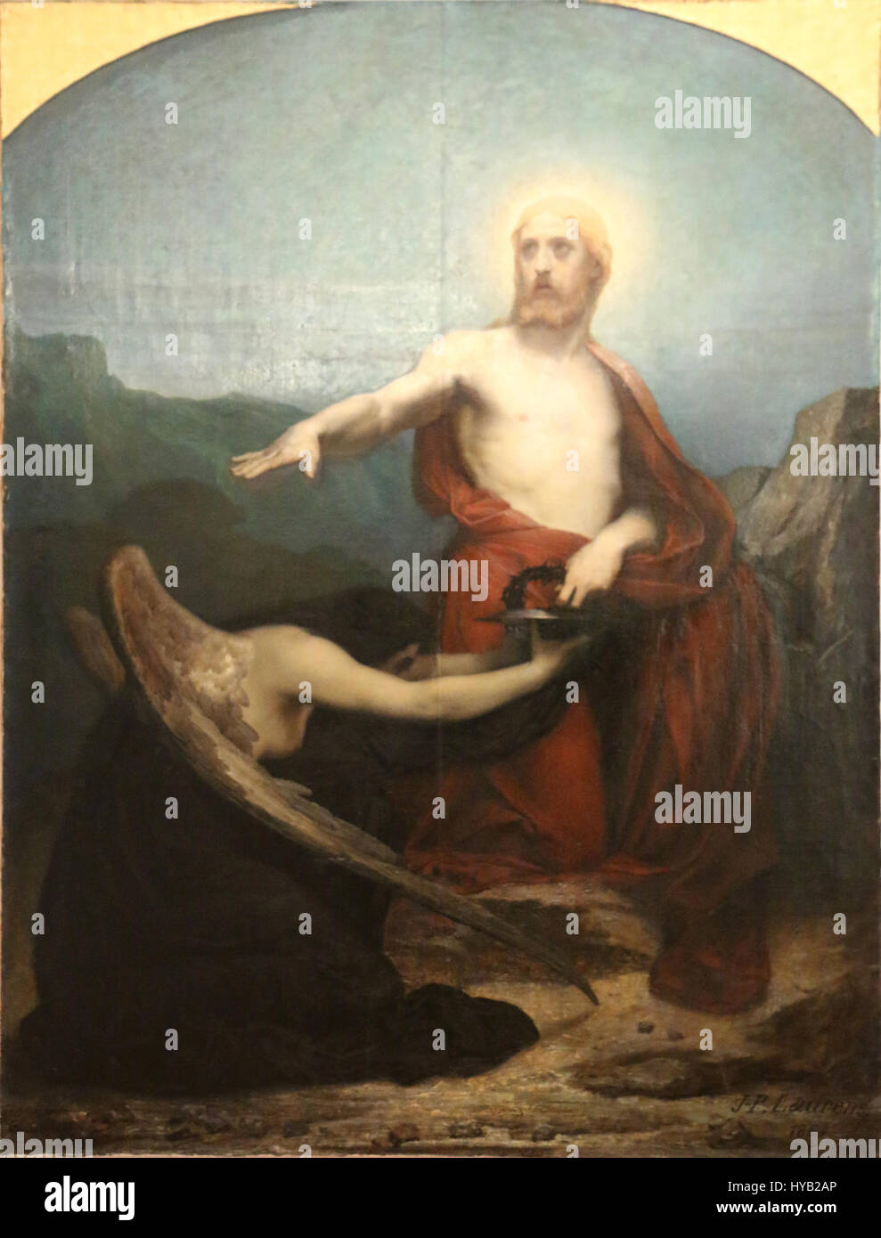 Jean Paul Laurens’ „Le Christ au jardin des oliviers“ (Christus im Ölgarten) stellt den Moment des Gebets Christi im Garten Gethsemane vor seiner Verhaftung dar. Das Gemälde fängt eine dramatische emotionale Intensität und religiöse Bedeutung ein. Stockfoto