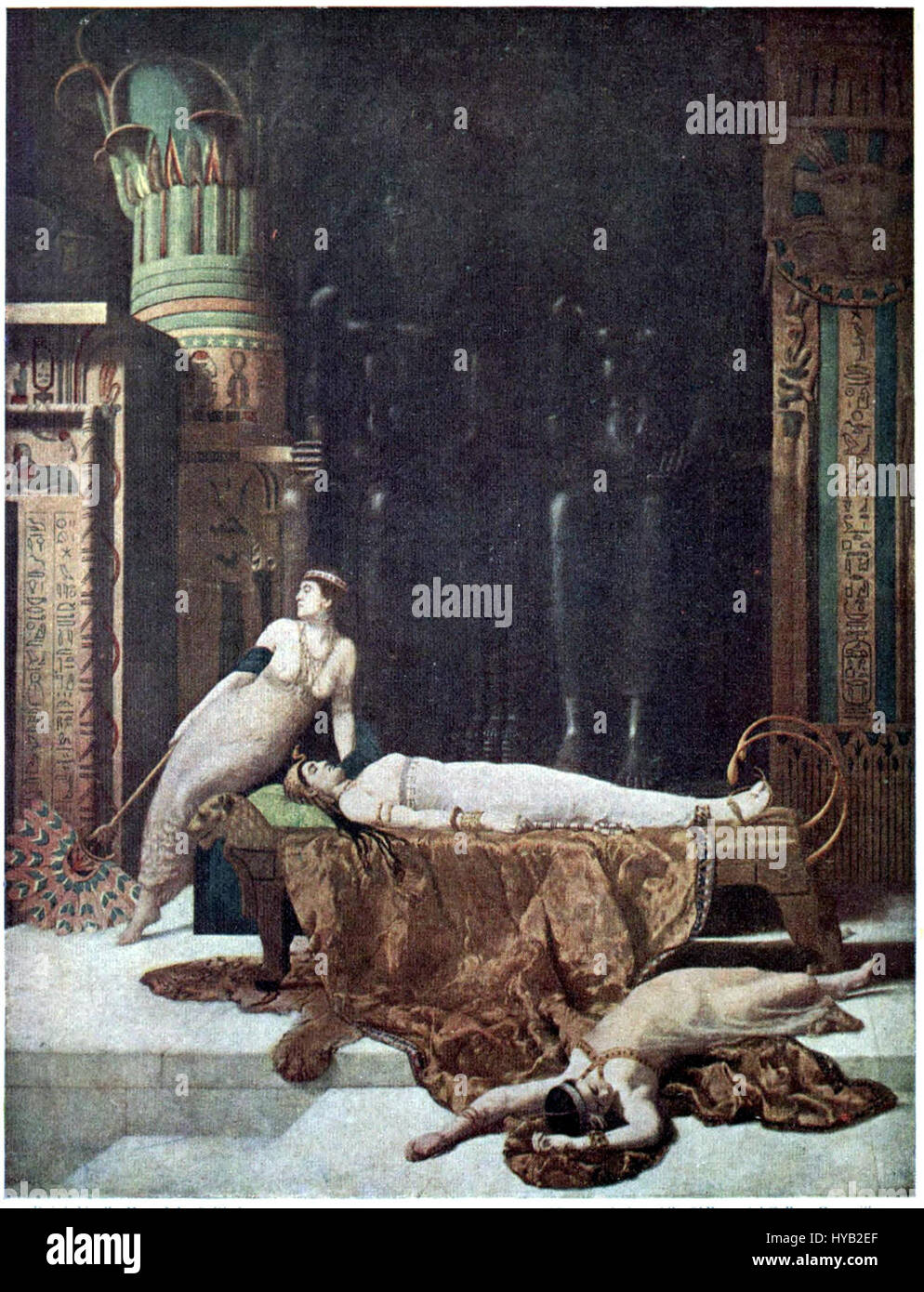 Der Tod von Kleopatra ist ein klassisches Gemälde, das den tragischen Tod der ägyptischen Königin darstellt. Das Kunstwerk fängt die dramatischen letzten Momente von Kleopatras Leben ein und konzentriert sich dabei auf die emotionale Intensität und historische Bedeutung der Szene. Stockfoto