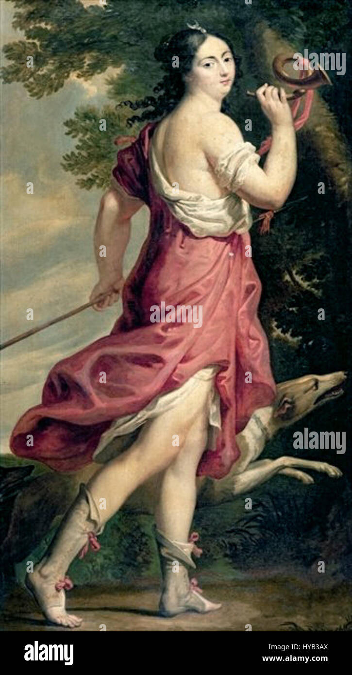 Charles Beaubrun stellt Madame de Montespan als Diana die Jägerin dar und verkörpert die mythologische Figur, die für ihre Verbindung zur Jagd und Natur bekannt ist. Dies spiegelt Montespans Verbindung mit der französischen Hofkultur wider. Stockfoto