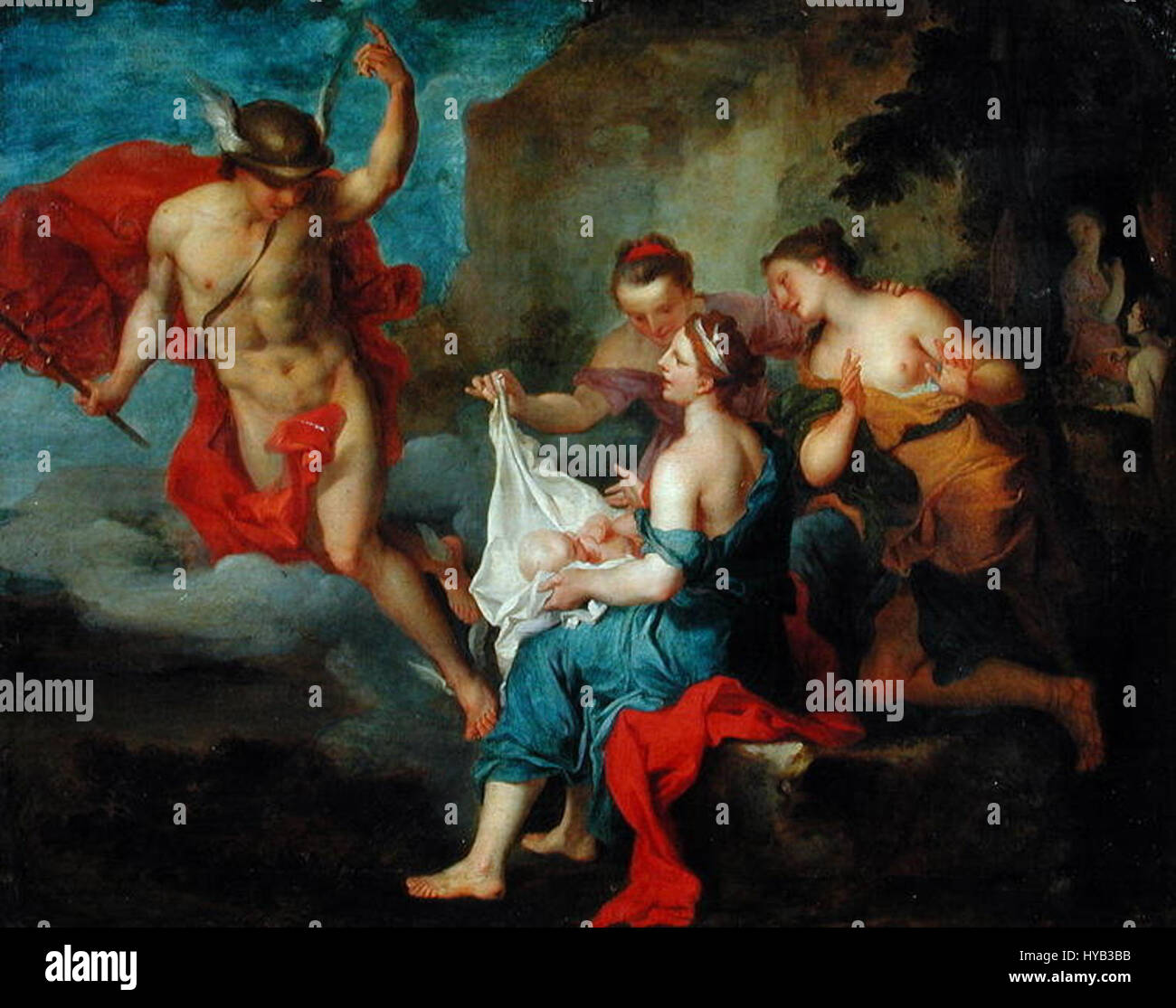 „Bacchus geliefert an die Nymphen von Nysa“ von Jacques Francois Courtin zeigt die mythologische Figur Bacchus, Gott des Weins, die den Nymphen von Nysa geliefert wird. Dieses Gemälde beschäftigt sich mit Themen der griechischen Mythologie und der göttlichen Verbindung zwischen Göttern und Natur. Stockfoto