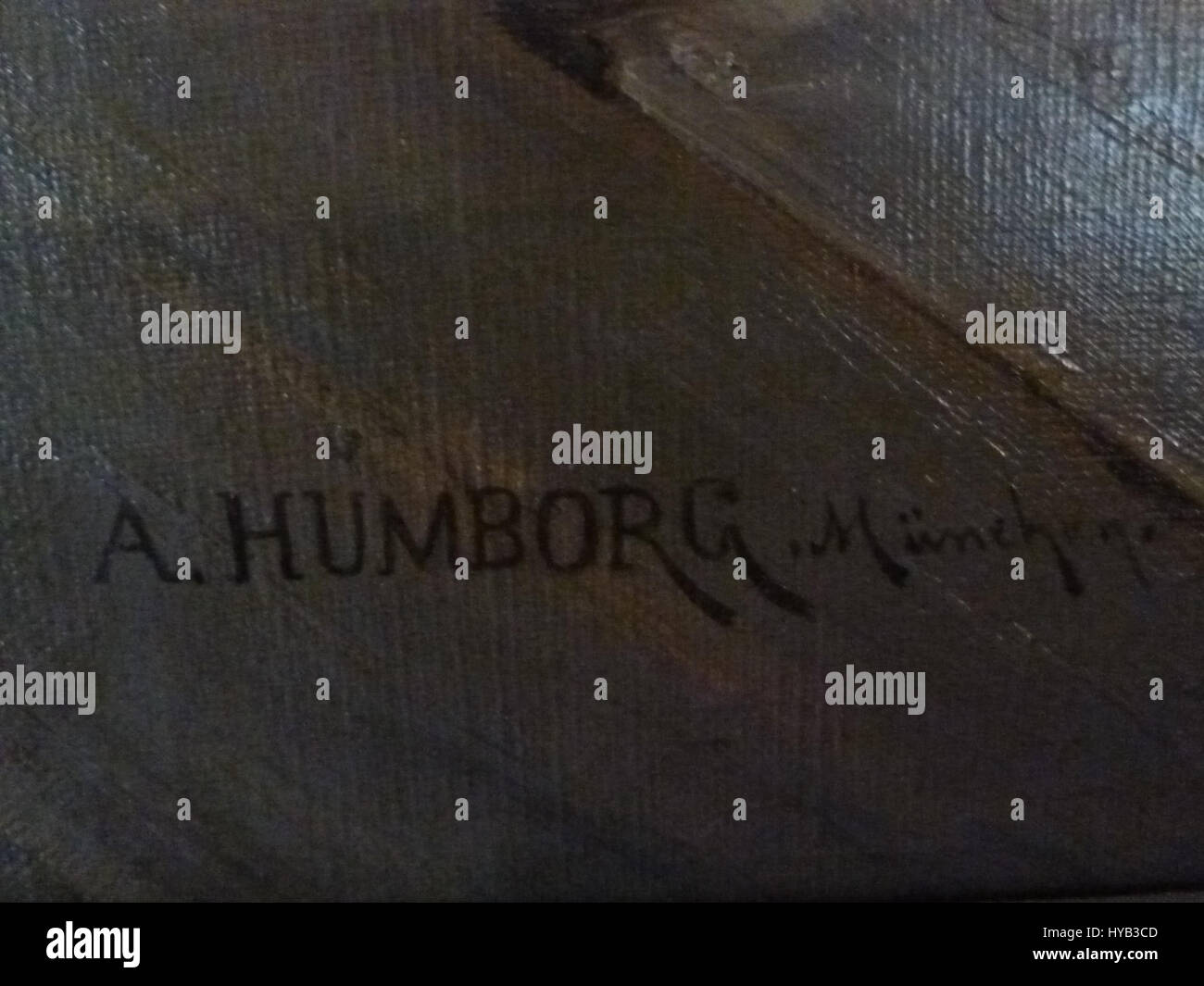 Dies bezieht sich auf ein Gemälde von Adolf Humborg, möglicherweise eine Küchenszene oder ein Stillleben. Das Detail beinhaltet die Unterschrift des Künstlers, die das Werk authentifiziert und datiert und einen Einblick in Humborgs Arbeitsstil bietet. Stockfoto