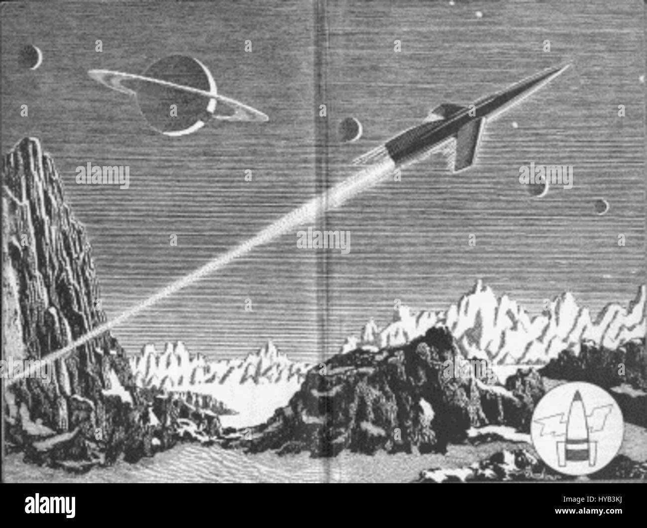 Diese Illustration mit dem Titel „Stand by for Mars“ stellt visuell die Spannung und spekulative Fantasie rund um die Mars-Erkundung im frühen 20. Jahrhundert dar. Das Kunstwerk spiegelt die frühe Science-Fiction-Darstellung von Weltraumreisen und außerirdischem Leben wider. Stockfoto