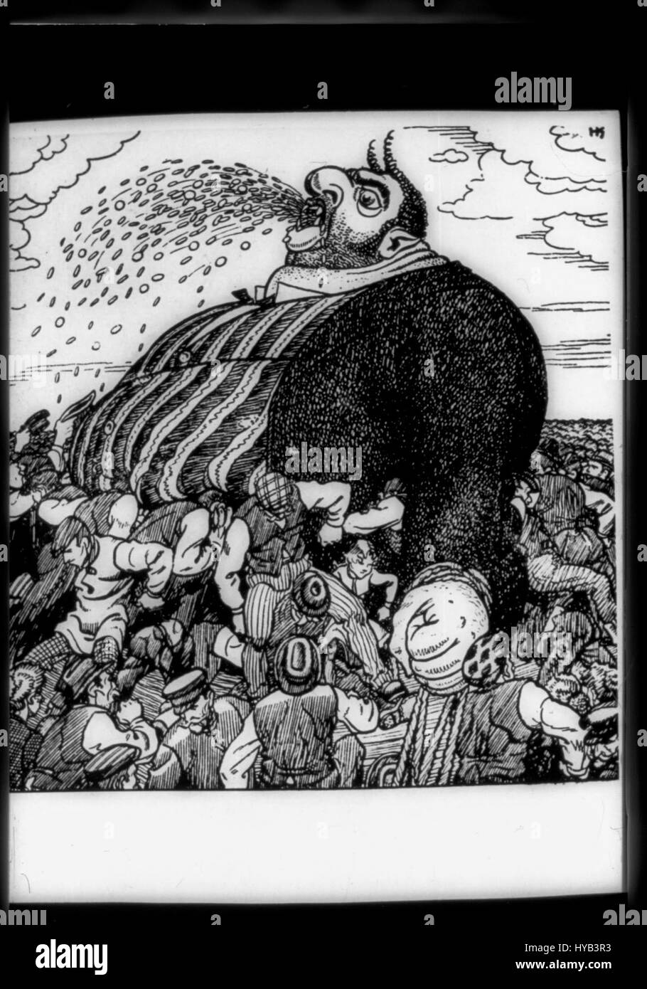 Hinko Smrekars „Kralj Kapital II“ ist ein satirisches Kunstwerk, das die kapitalistische Gesellschaft kritisiert und Smrekars Einsatz politischer und sozialer Kommentare durch kühne Bilder und übertriebene Figuren widerspiegelt. Das Stück beschäftigt sich mit Themen wie Macht, Reichtum und soziale Ungleichheiten. Stockfoto