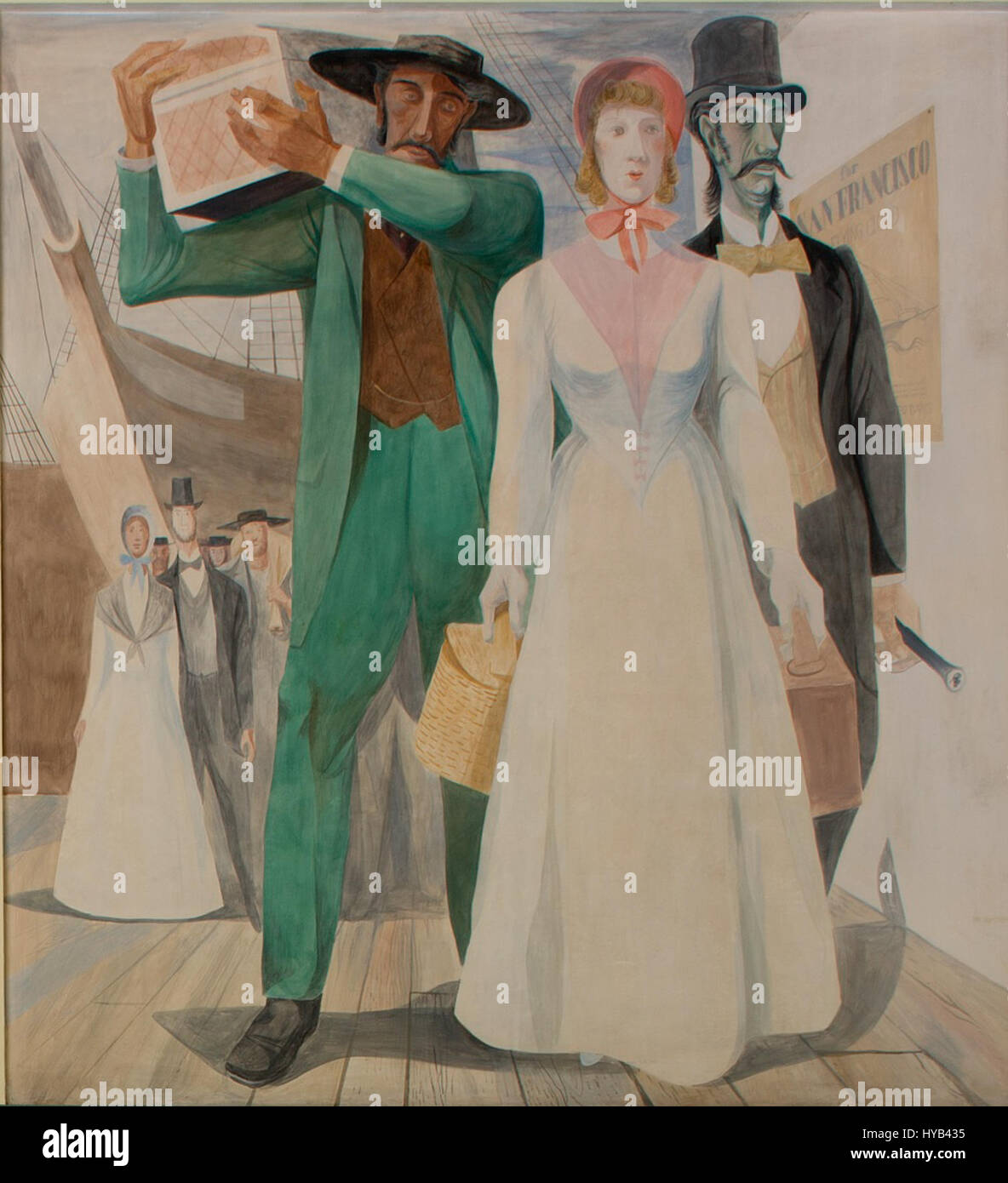 Dieses Kunstwerk zeigt die Szene der Ankunft eines Schiffes und zeigt die komplizierten Details des maritimen Lebens und die Bedeutung der Seereisen. Die Szene fängt den historischen Kontext der Seereise und ihre Auswirkungen auf die Erkundung und den Handel ein. Stockfoto